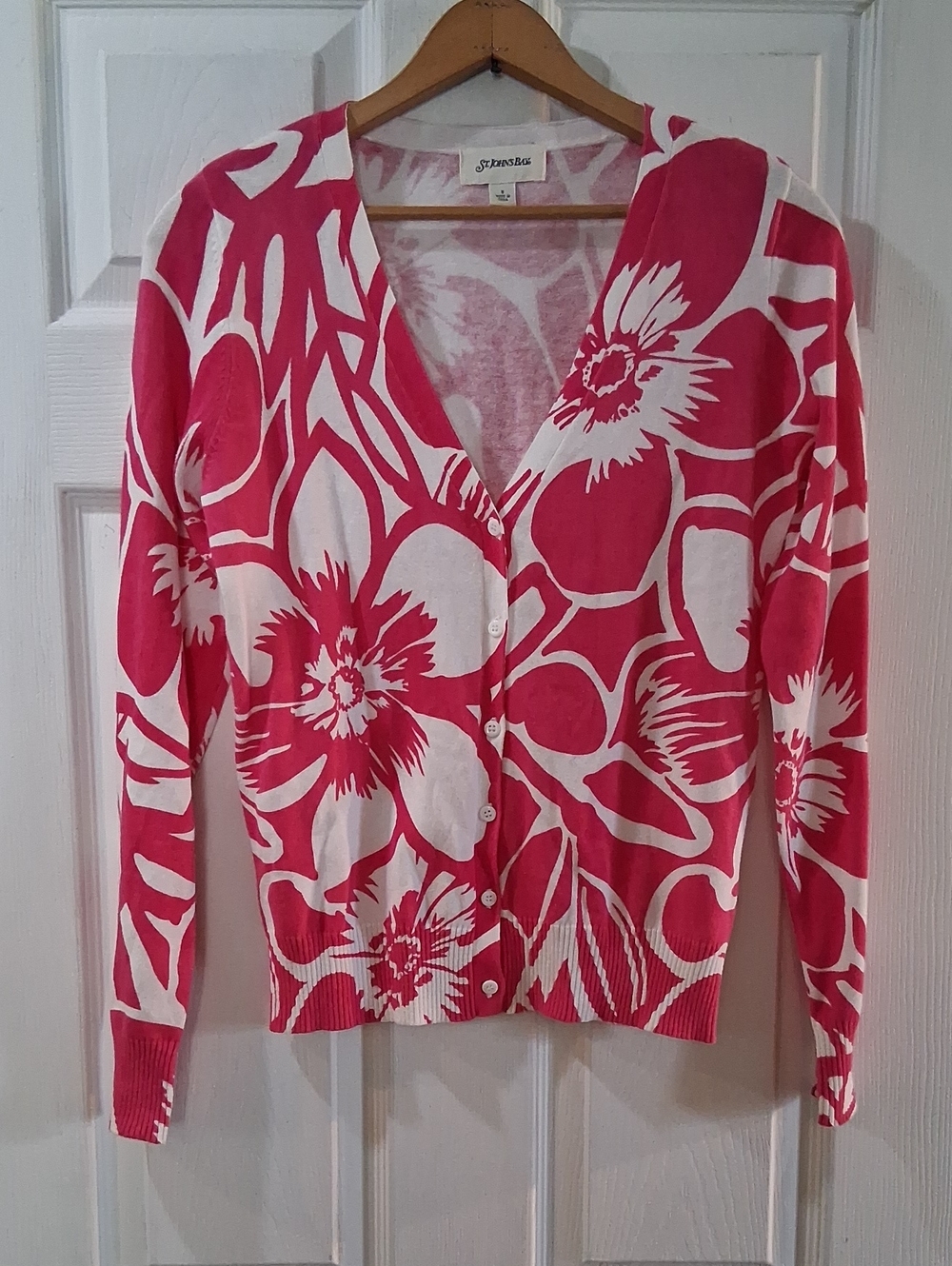 St. John Rose-White Floral V-Neck Button Cardigan